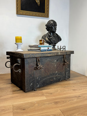 A large and substantial iron and wood strongbox c. 1800