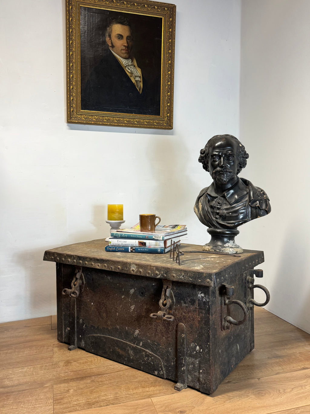 A large and substantial iron and wood strongbox c. 1800