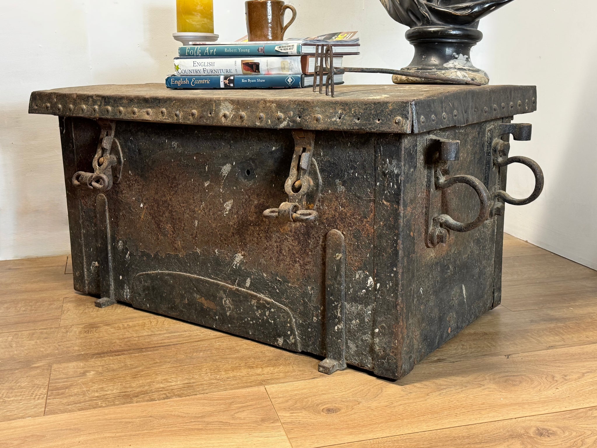A large and substantial iron and wood strongbox c. 1800