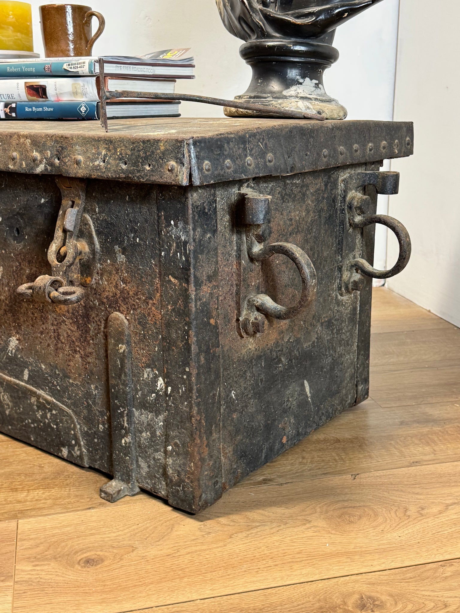 A large and substantial iron and wood strongbox c. 1800