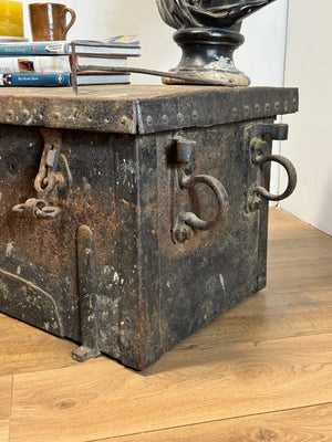 A large and substantial iron and wood strongbox c. 1800