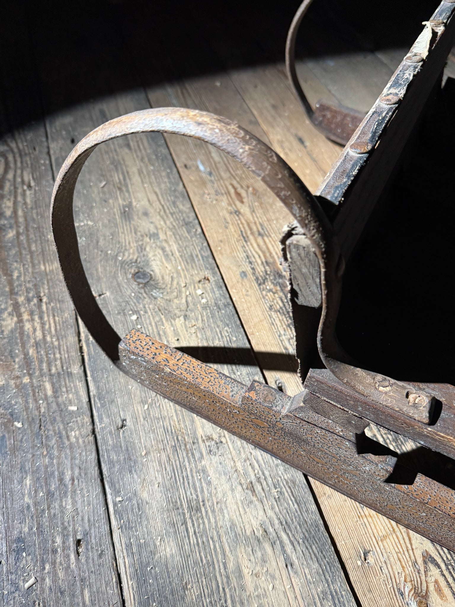 Early 20th century wooden toboggan with metal skids and wooden brakes and original seat