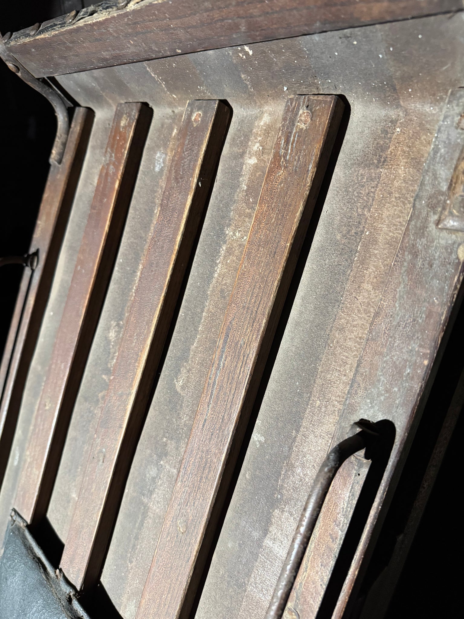 Early 20th century wooden toboggan with metal skids and wooden brakes and original seat