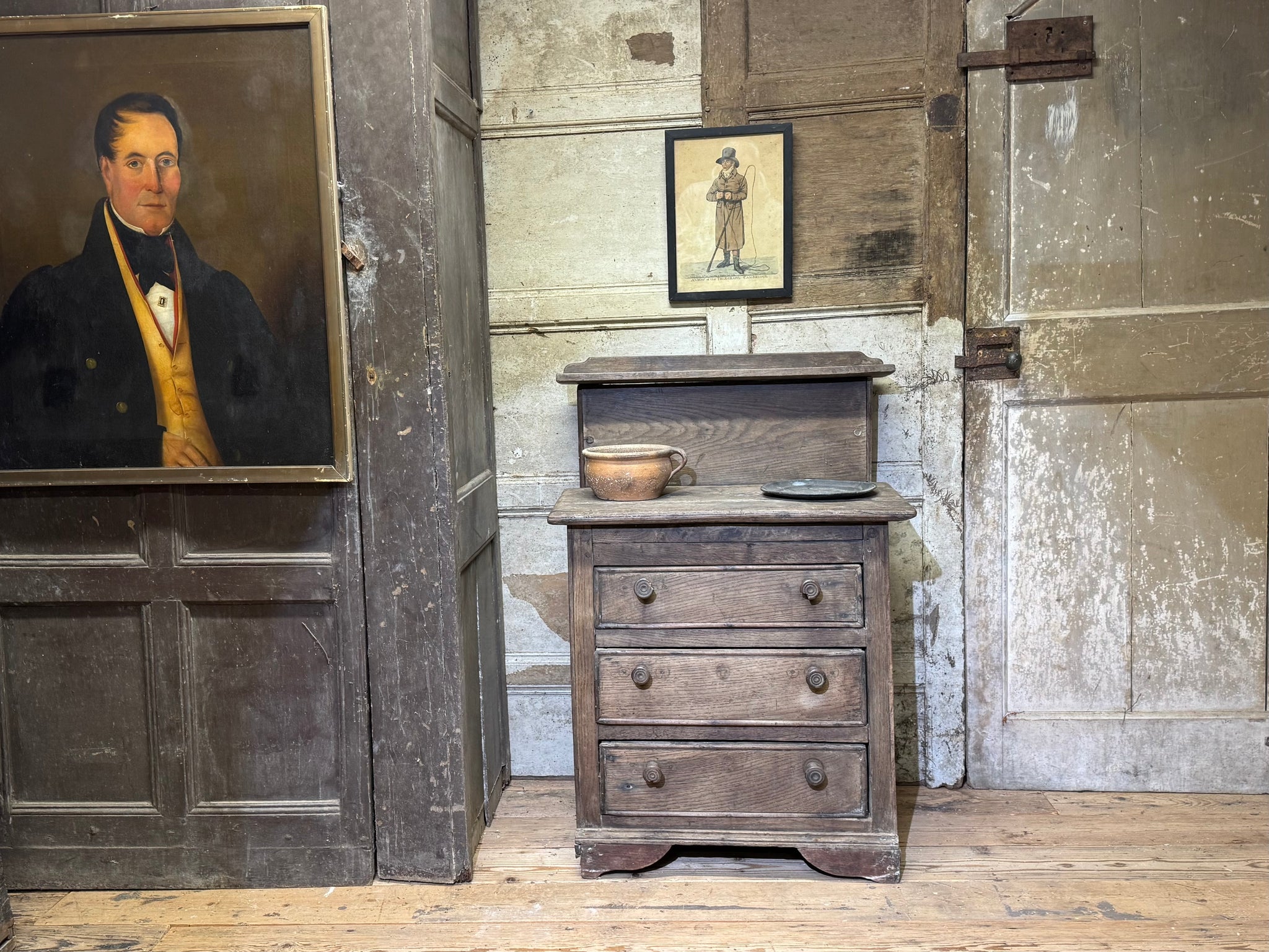 A small early 19th century primiitve oak scullery or servants' quarters chest of drawers