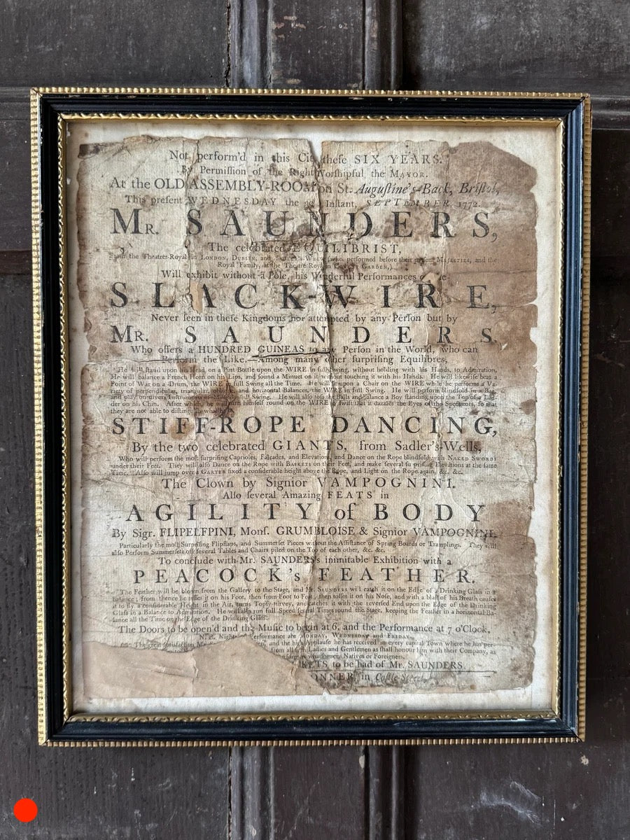 A Rare George III Handbill Advertising a Performance by Samuel Saunders, Celebrated Equilibrist and Slack-Wire Performer