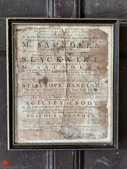 A Rare George III Handbill Advertising a Performance by Samuel Saunders, Celebrated Equilibrist and Slack-Wire Performer