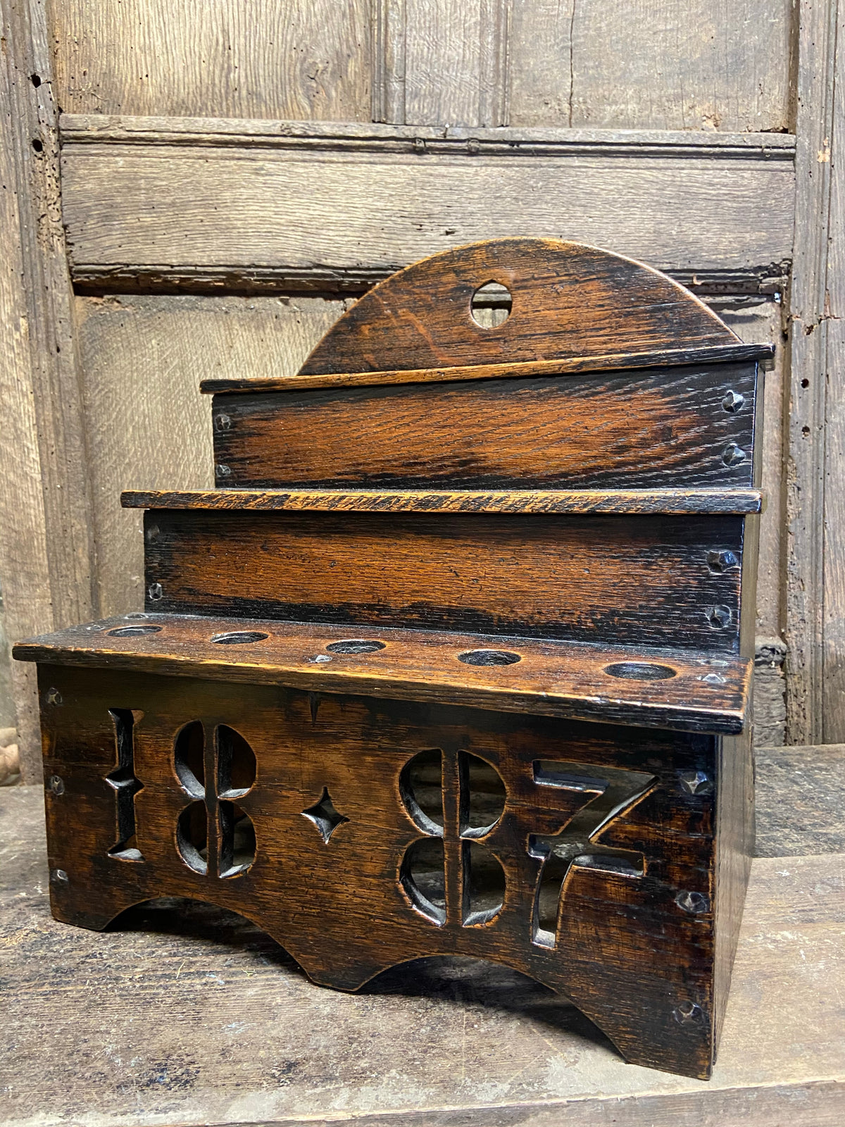Large oak spoon rack dated 1887