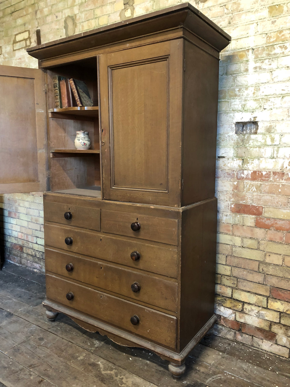 19th century North Country linen press in original oak scumble paint finish