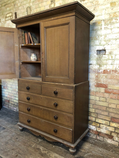19th century North Country linen press in original oak scumble paint finish