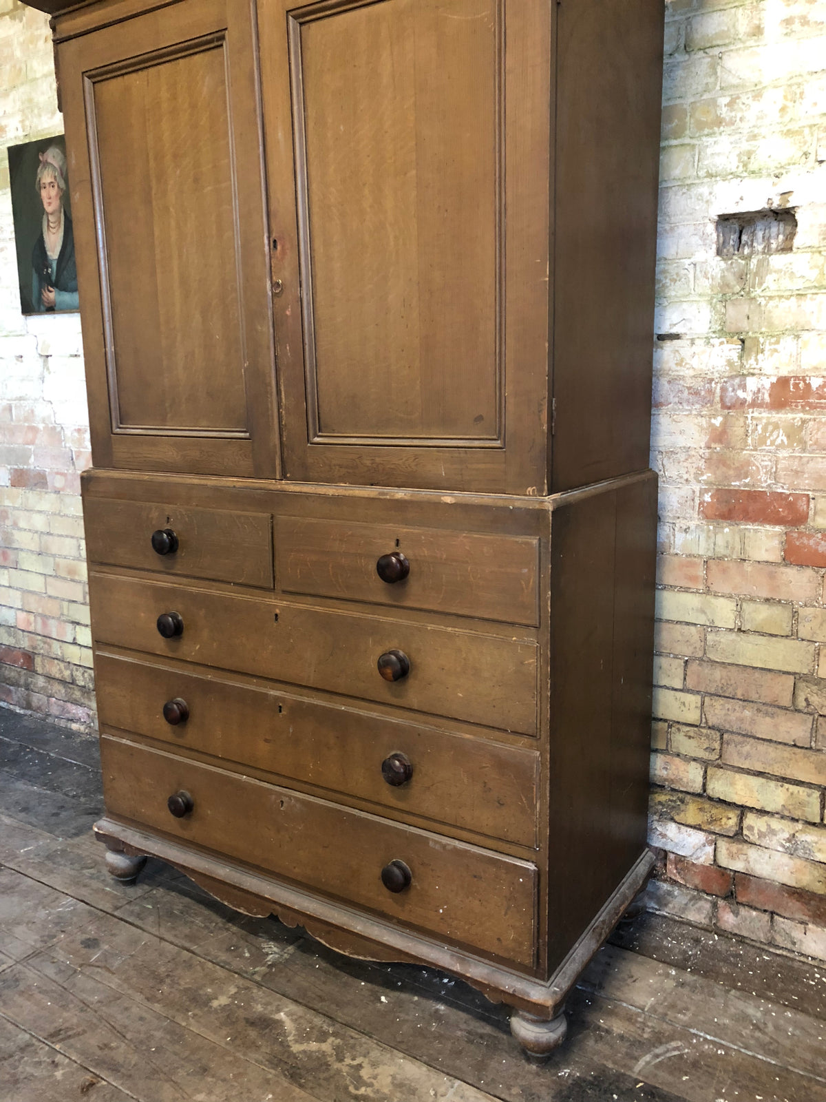 19th century North Country linen press in original oak scumble paint finish