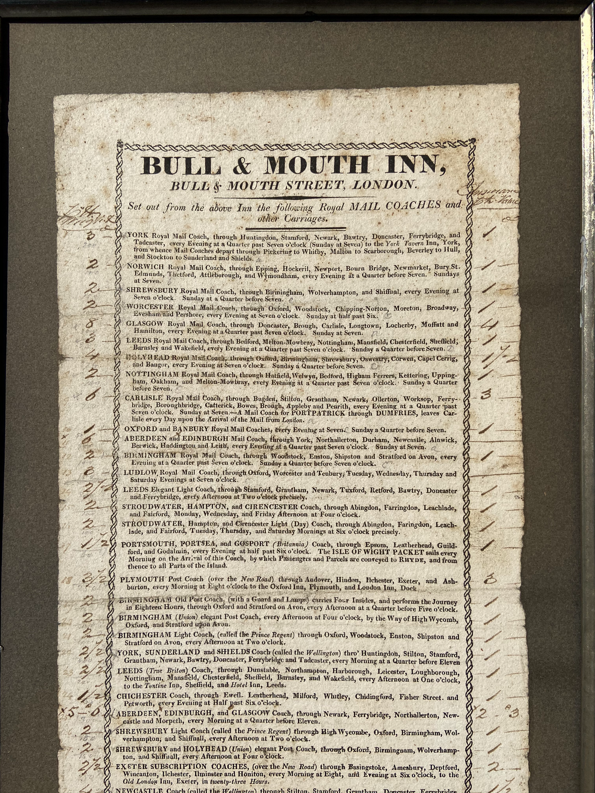 Georgian coaching inn broadside for the Bull & Mouth, London, 1816