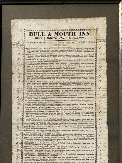 Georgian coaching inn broadside for the Bull & Mouth, London, 1816