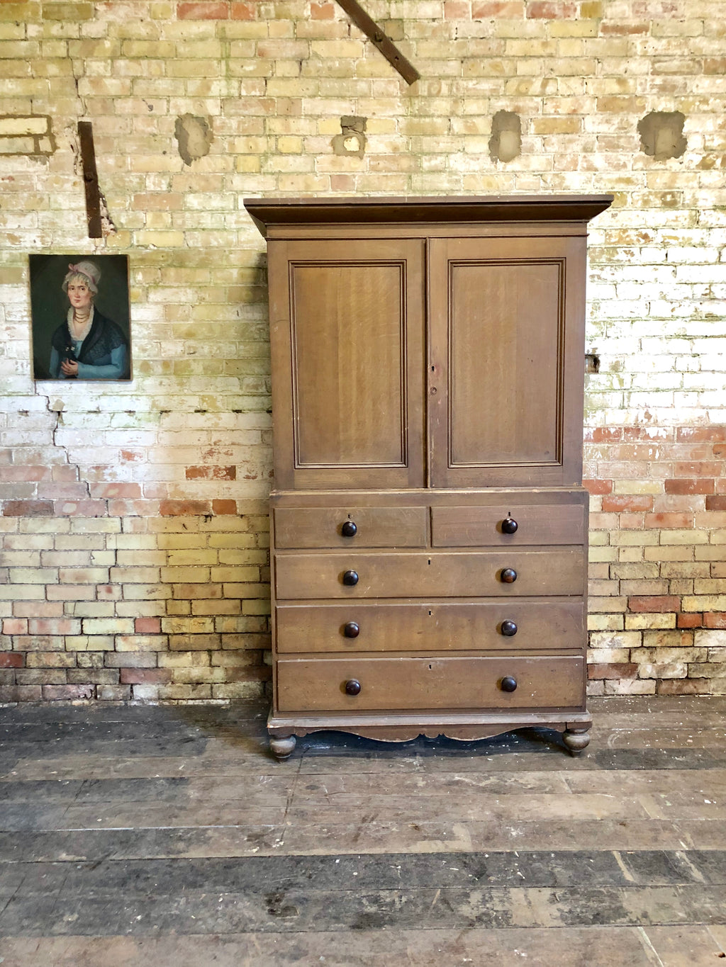19th century North Country linen press in original oak scumble paint finish