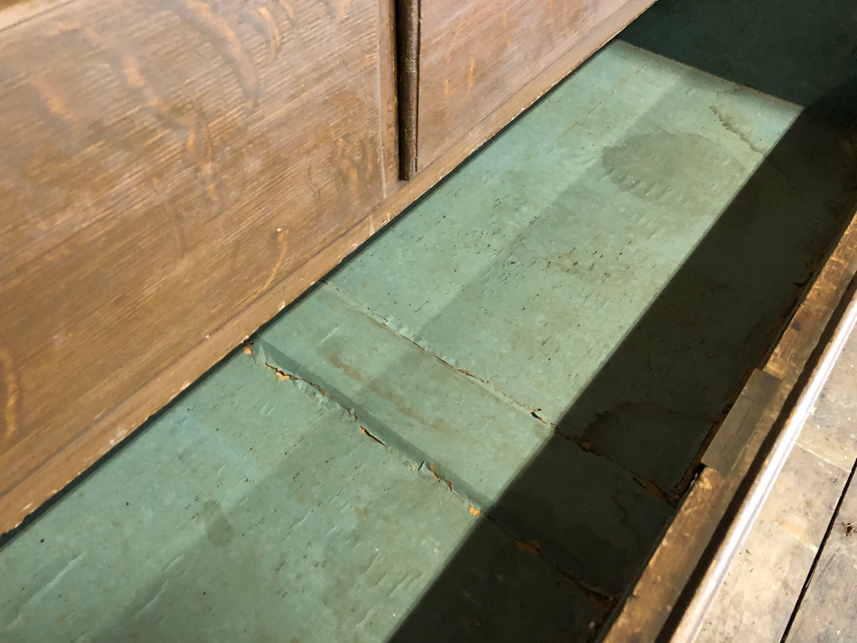 19th century North Country linen press in original oak scumble paint finish