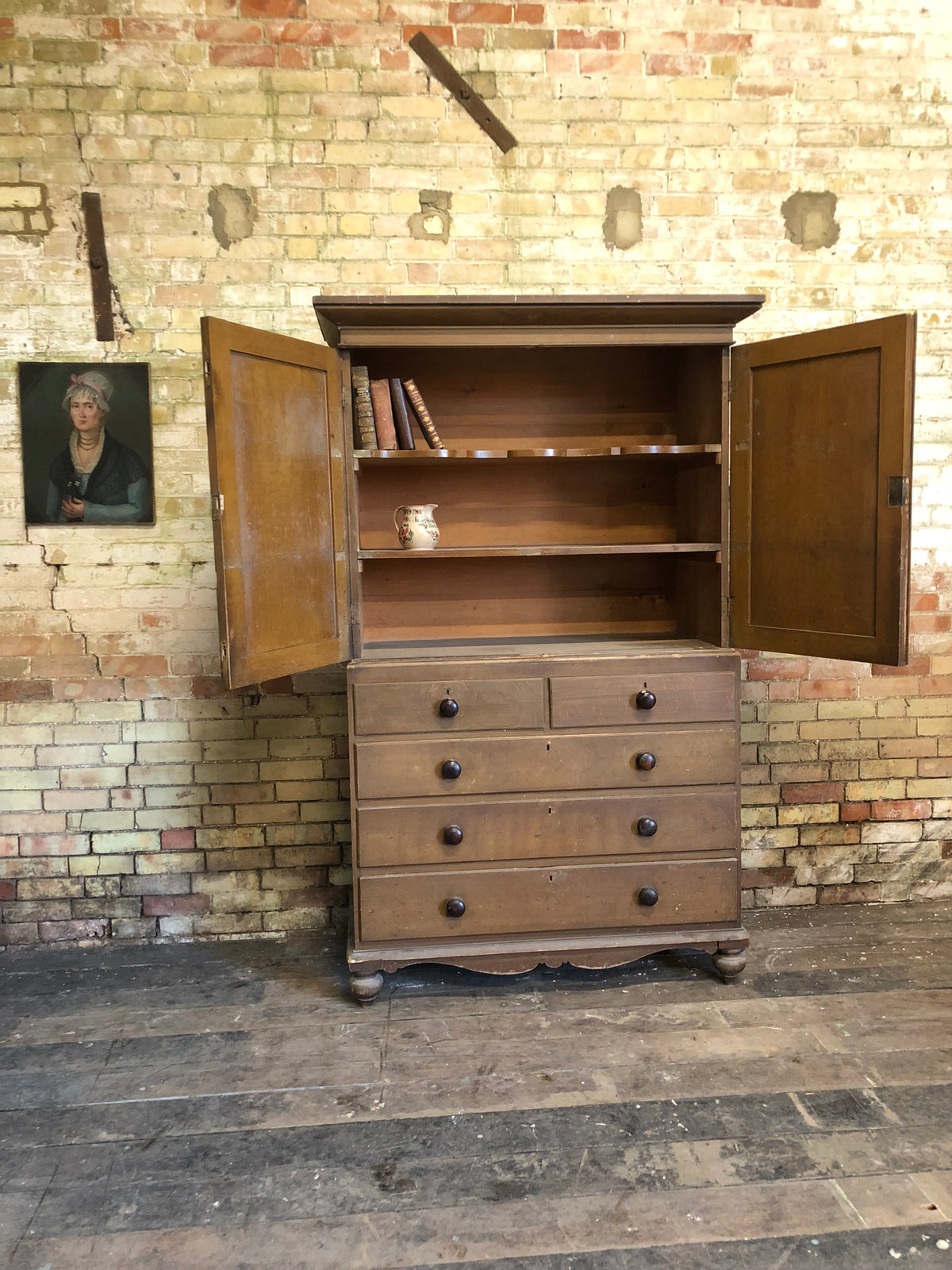 19th century North Country linen press in original oak scumble paint finish