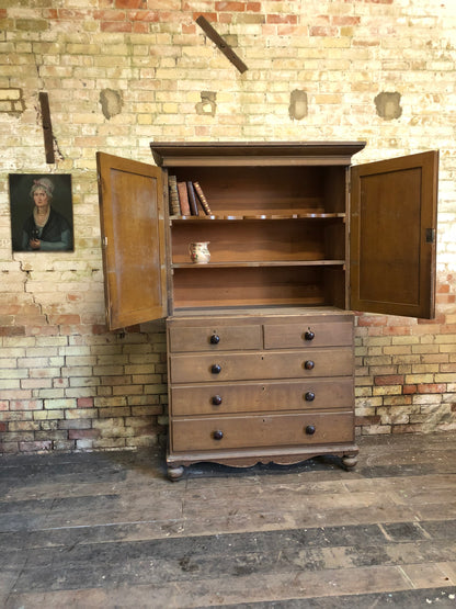 19th century North Country linen press in original oak scumble paint finish