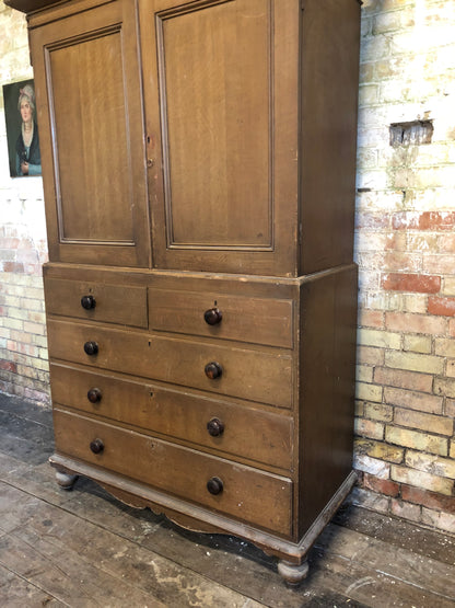 19th century North Country linen press in original oak scumble paint finish