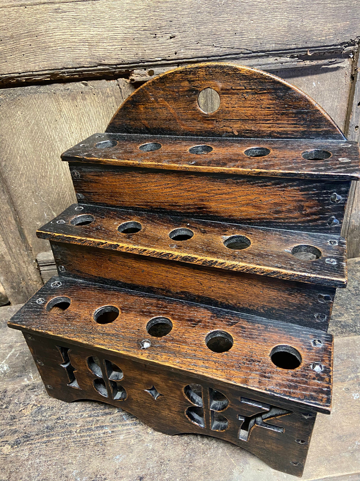 Large oak spoon rack dated 1887