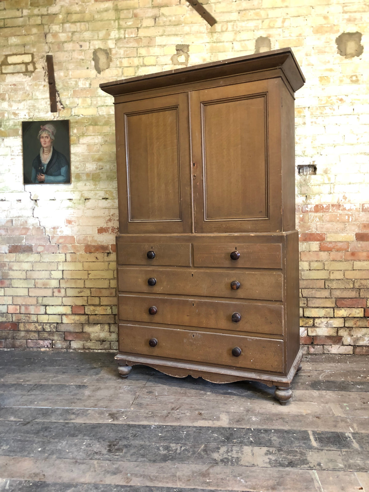 19th century North Country linen press in original oak scumble paint finish