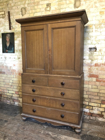 19th century North Country linen press in original oak scumble paint finish
