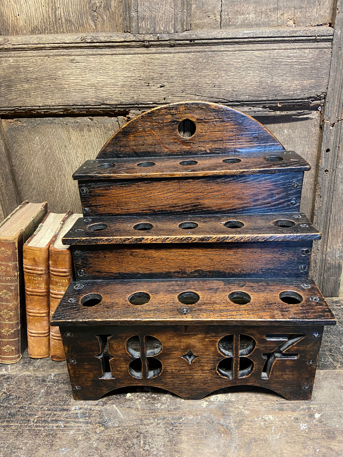 Large oak spoon rack dated 1887