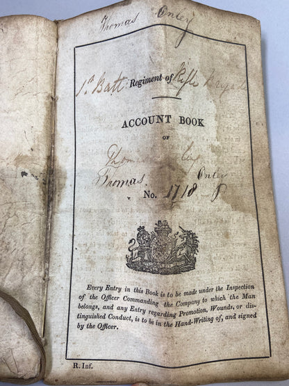 Unusual military canvas roll containing pay and account book for Thomas Onley 1st Battalion Rifles, 1839