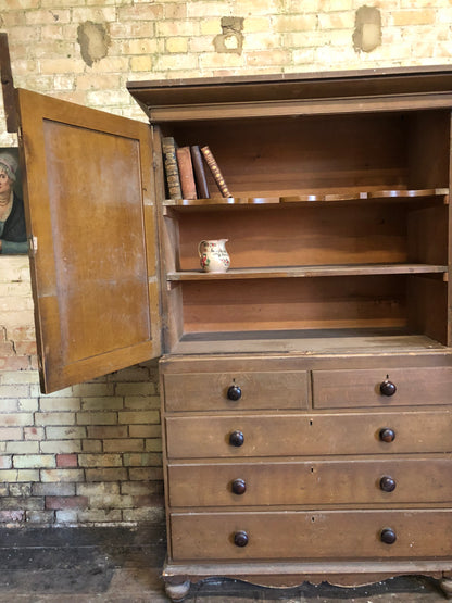 19th century North Country linen press in original oak scumble paint finish