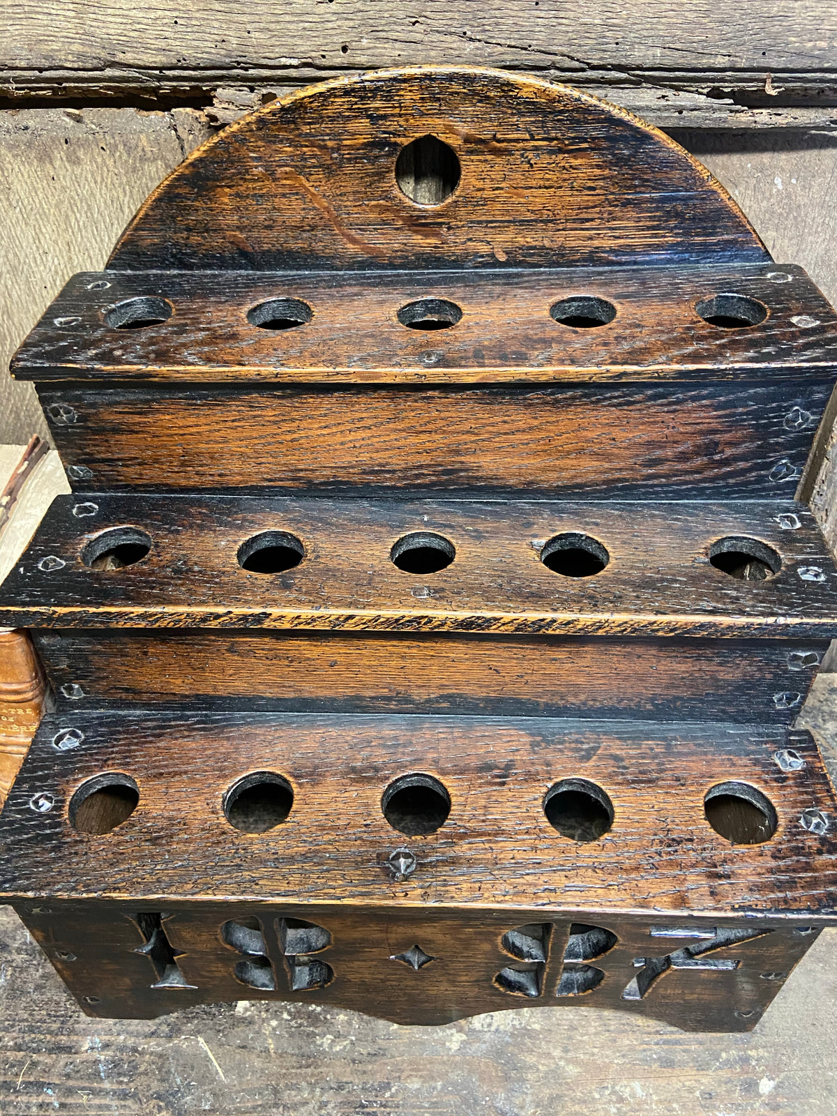 Large oak spoon rack dated 1887