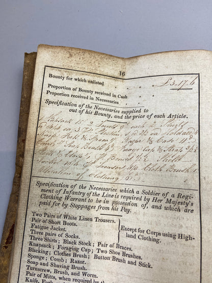 Unusual military canvas roll containing pay and account book for Thomas Onley 1st Battalion Rifles, 1839