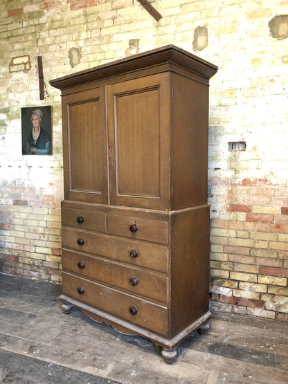 19th century North Country linen press in original oak scumble paint finish