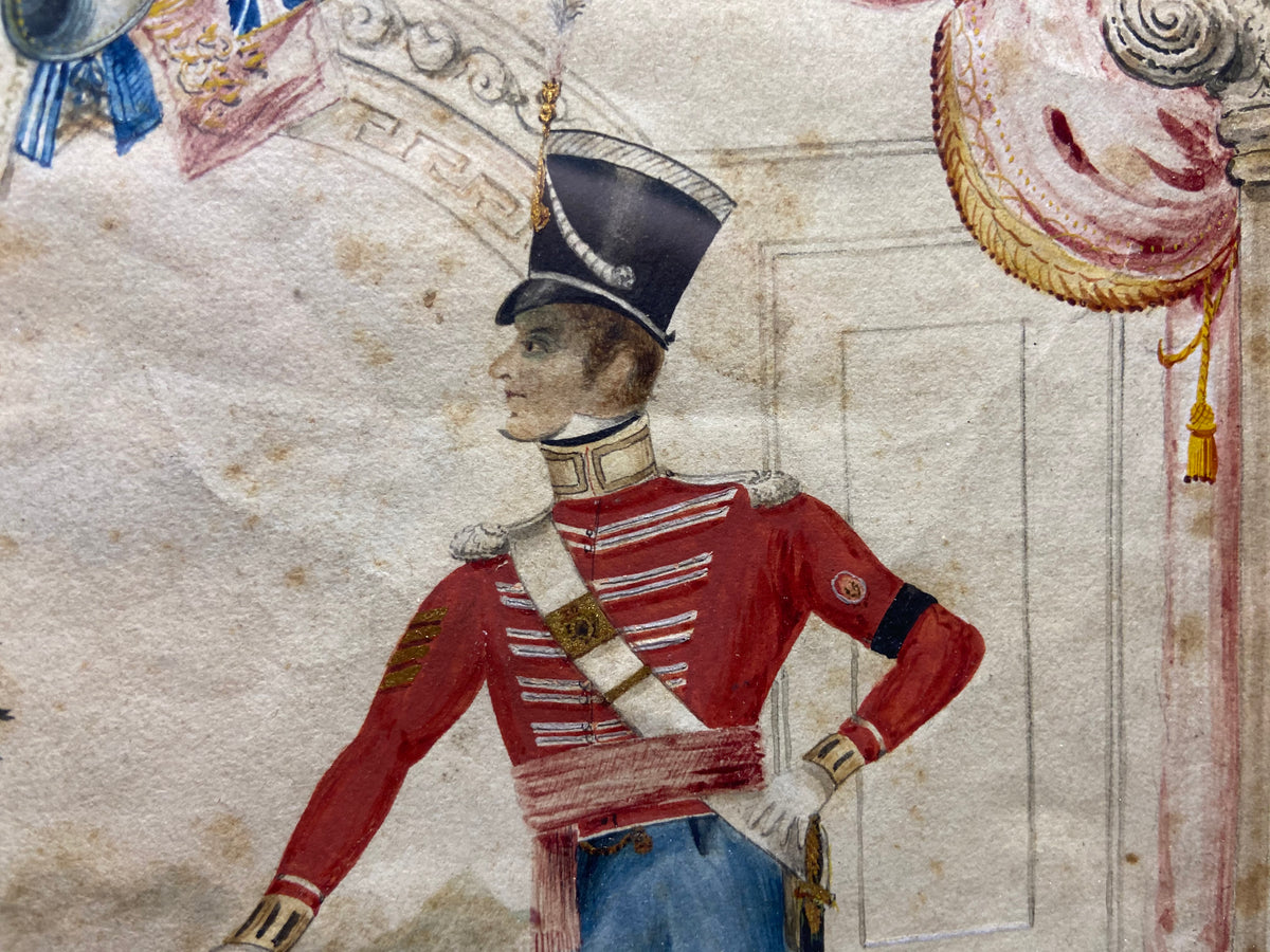 Naive watercolour of a Company Sergeant Major of the 22nd Regiment of foot and his family, J. Wright, Newcastle, 1832