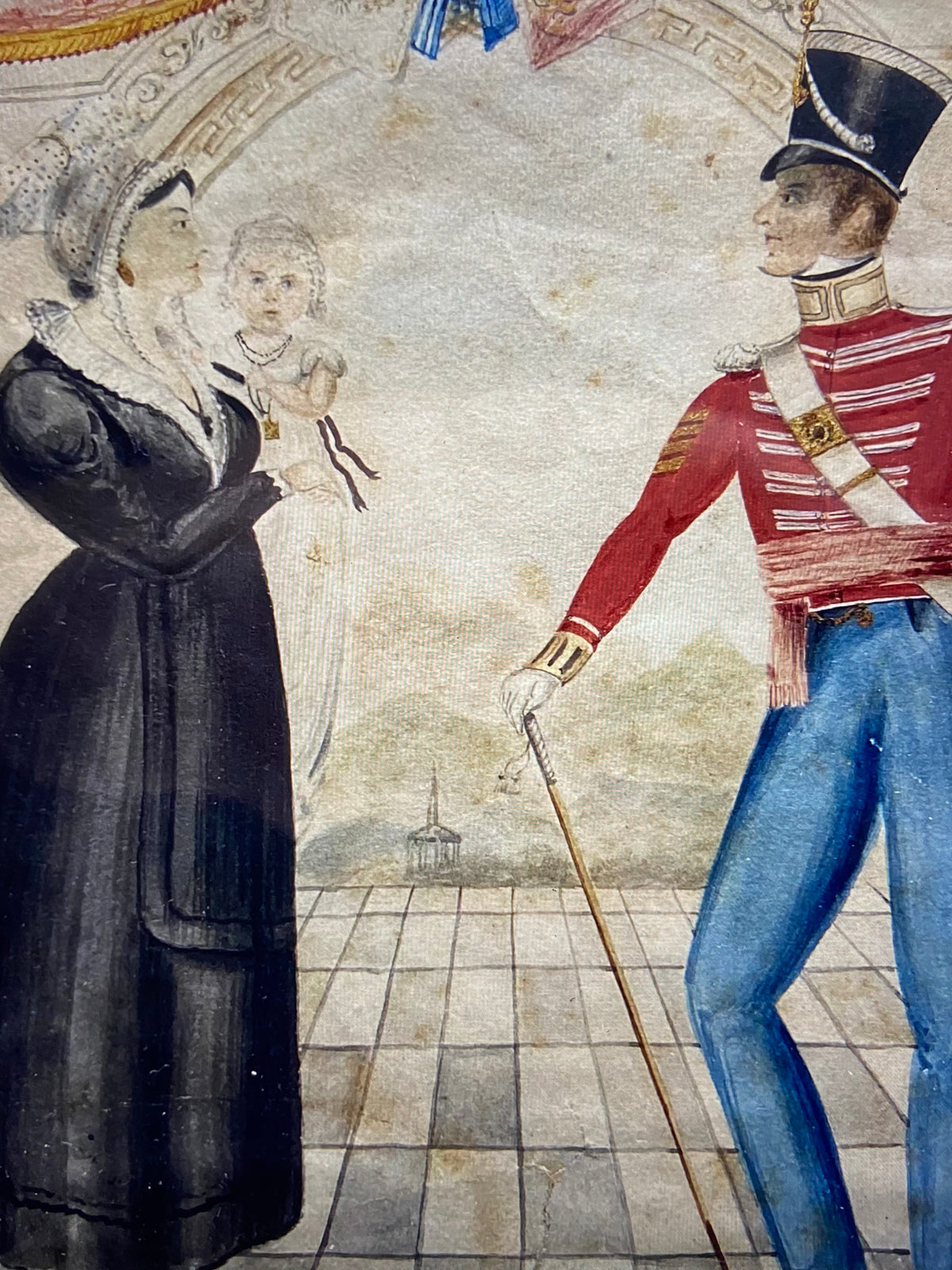 Naive watercolour of a Company Sergeant Major of the 22nd Regiment of foot and his family, J. Wright, Newcastle, 1832