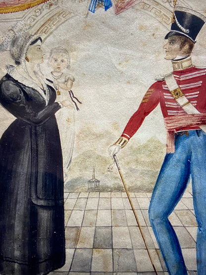 Naive watercolour of a Company Sergeant Major of the 22nd Regiment of foot and his family, J. Wright, Newcastle, 1832