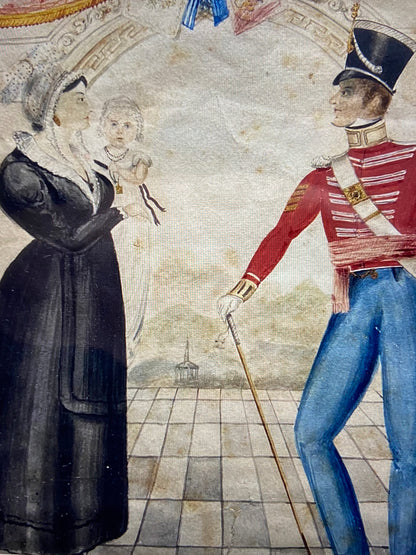Naive watercolour of a Company Sergeant Major of the 22nd Regiment of foot and his family, J. Wright, Newcastle, 1832