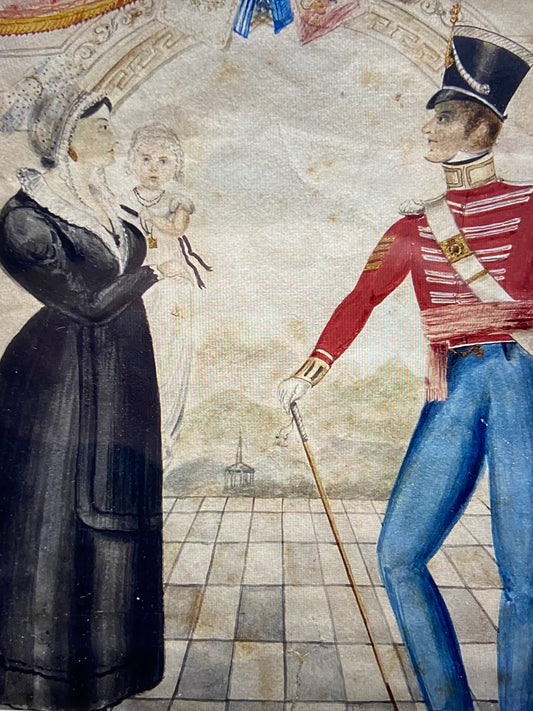 Naive watercolour of a Company Sergeant Major of the 22nd Regiment of foot and his family, J. Wright, Newcastle, 1832