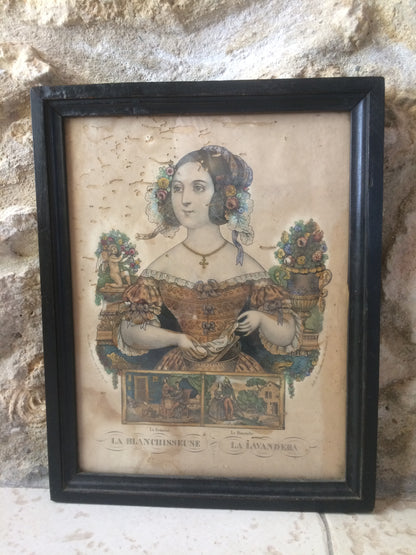 A delightful French hand coloured engraving of a lady c. 1840