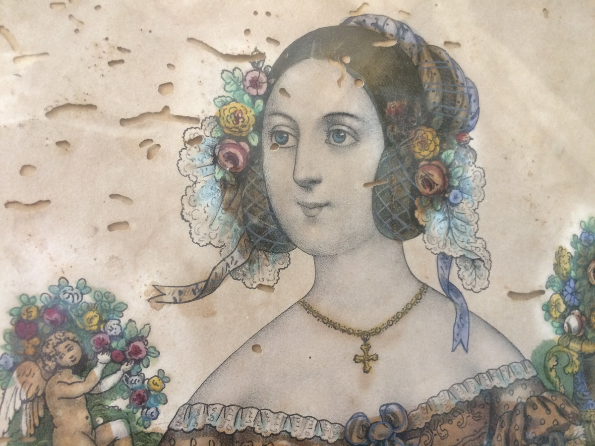 A delightful French hand coloured engraving of a lady c. 1840