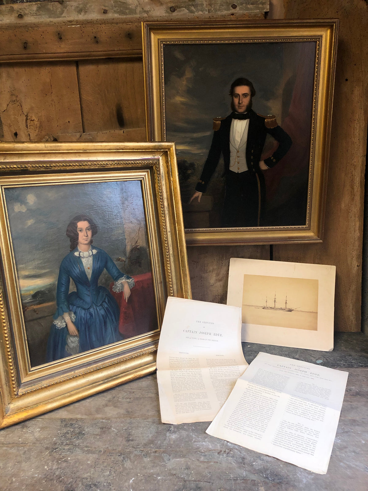 Mid 19th c  oil on board of Captain Joseph Edye RN and his wife