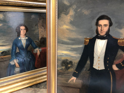 Mid 19th c  oil on board of Captain Joseph Edye RN and his wife