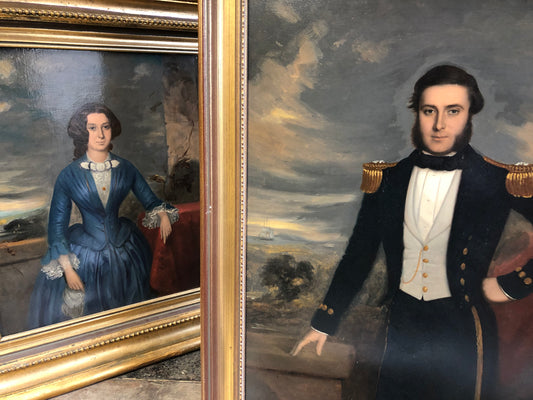 Mid 19th c  oil on board of Captain Joseph Edye RN and his wife