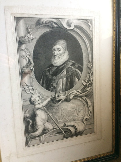 A rare proof before title engraving of 1st Earl of Nottingham from Tusmore House in 4th Earl of Effingham's collection