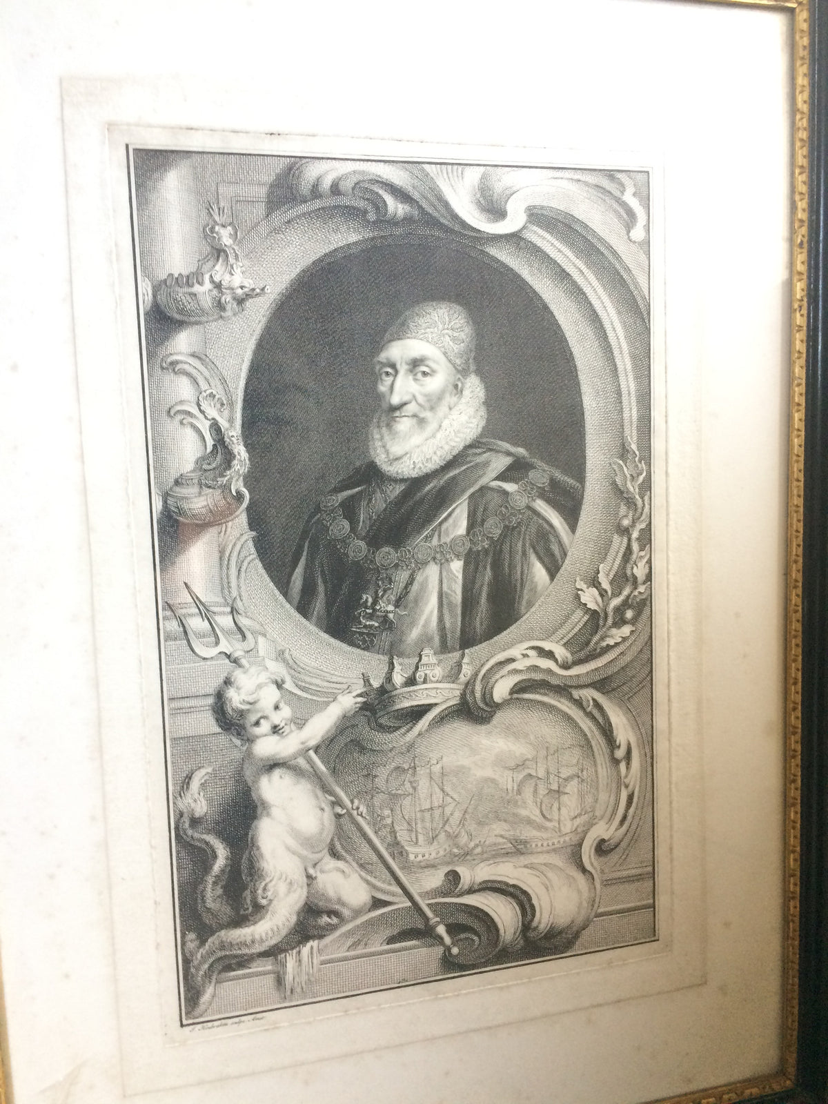 A rare proof before title engraving of 1st Earl of Nottingham from Tusmore House in 4th Earl of Effingham's collection