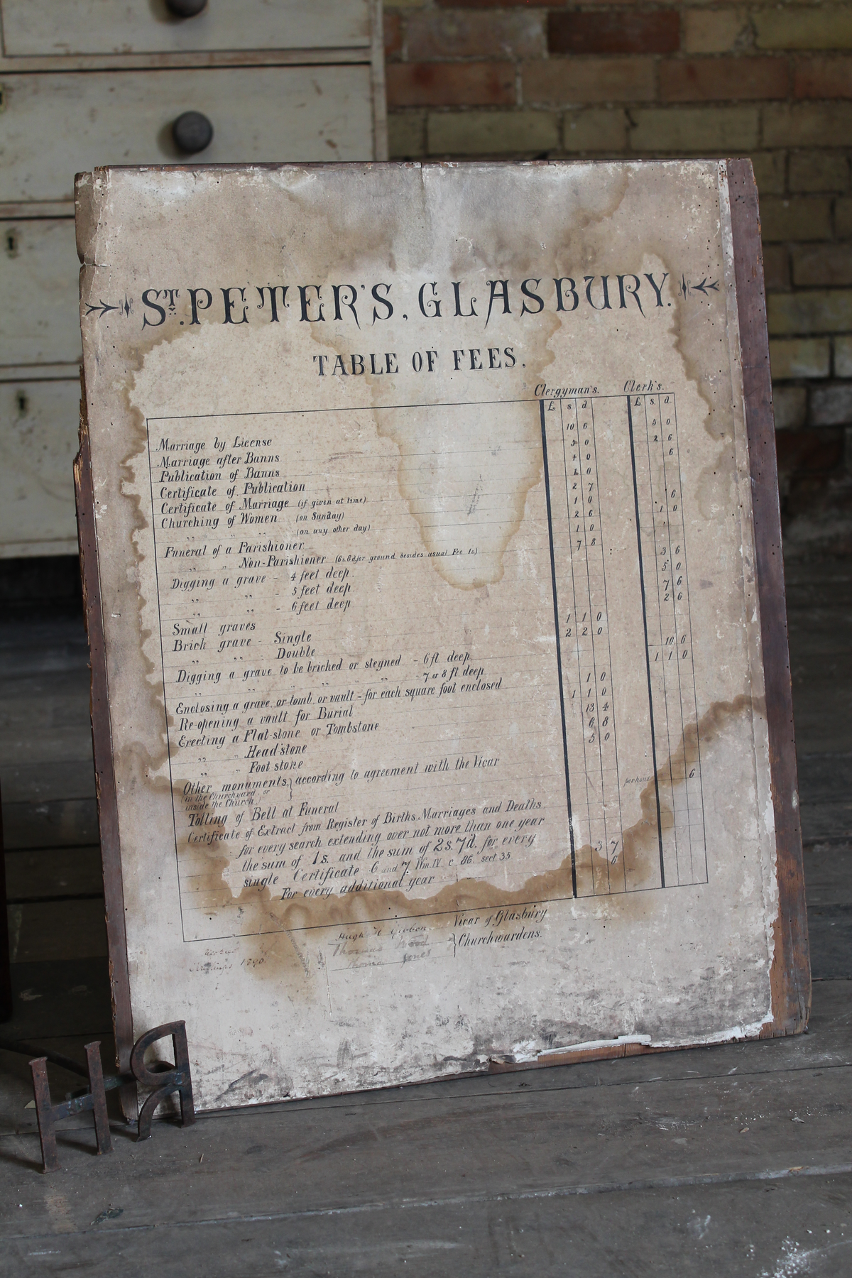 19th century church table of fees