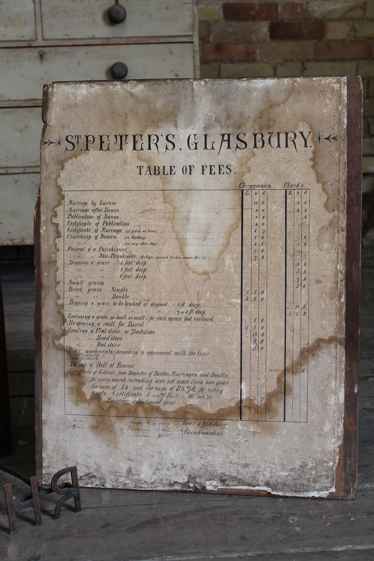 19th century church table of fees