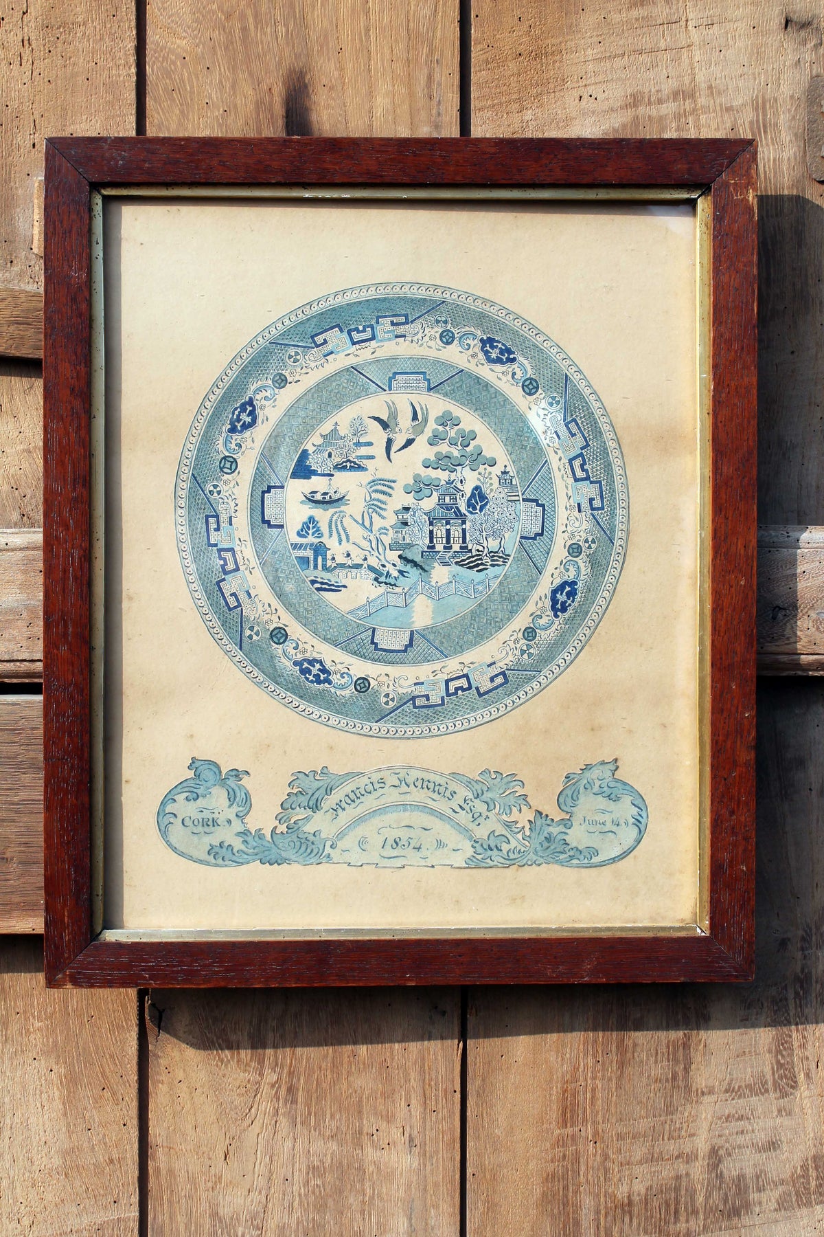 A very fine Irish watercolour study of a willow pattern plate, Cork, 1854