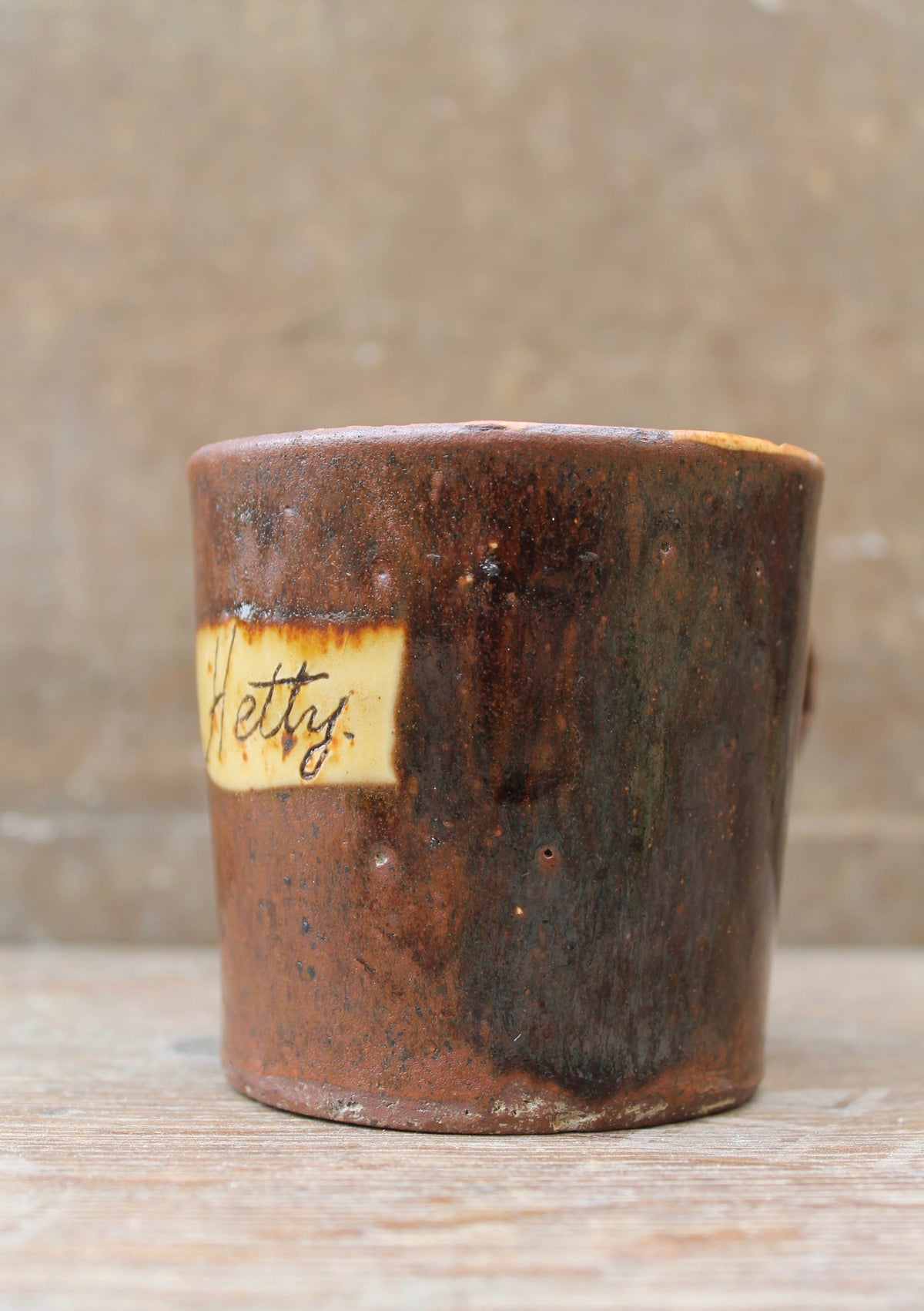 Slipware mug by Isaac Button of Soil Hill, Halifax- "Hetty"