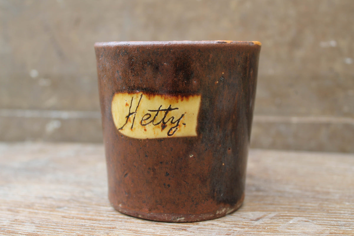 Slipware mug by Isaac Button of Soil Hill, Halifax- "Hetty"