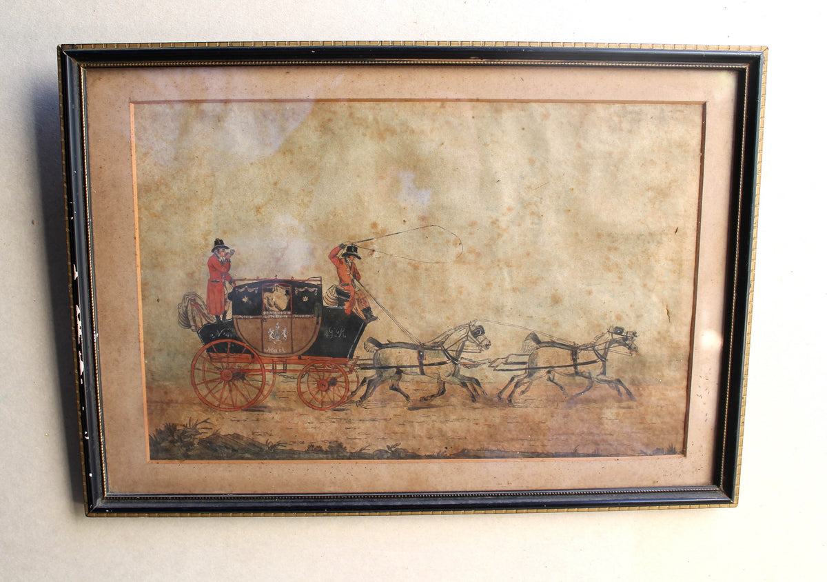 Early 19th c watercolour of the Plymouth to London mail coach