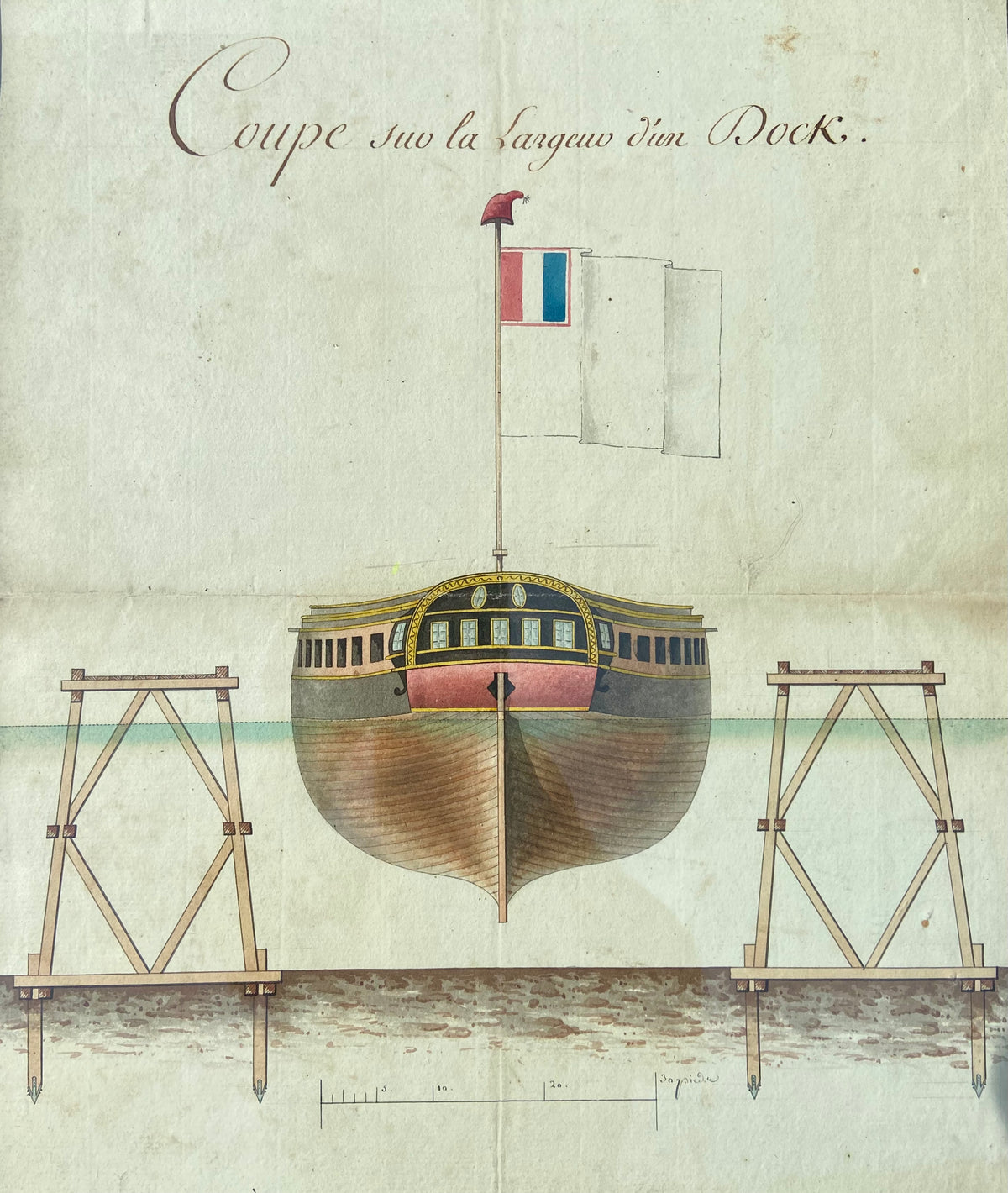 An important 18th century  plan depicting a frigate in the Dieppe docks by Napoleon's Chief Engineer Monsieur Lapeyre