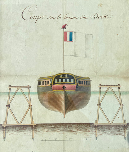 An important 18th century  plan depicting a frigate in the Dieppe docks by Napoleon's Chief Engineer Monsieur Lapeyre